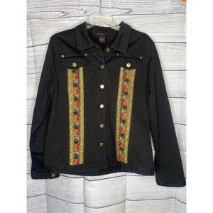 Francesca Rose women's black jean jacket with‎ embroidered ribbon size small